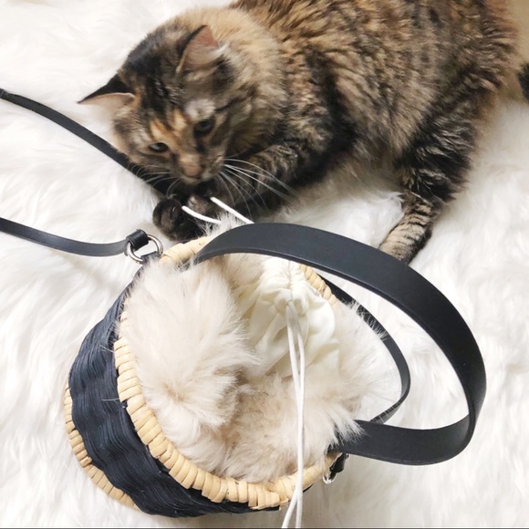 Zara Handbags - {zara} raffia woven basket bag with fur trim